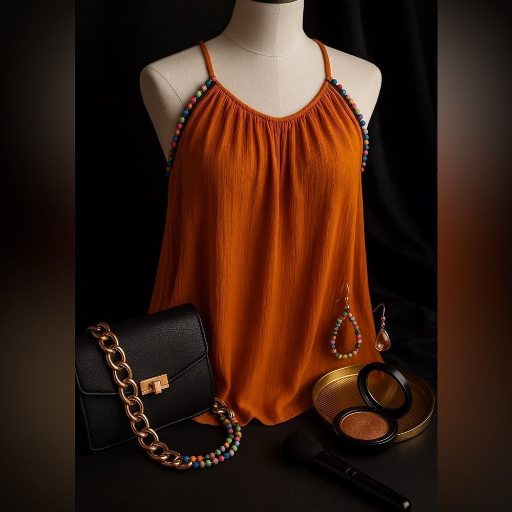 🌈 Eye Shadow Mustard Boho Tank Top – Size M